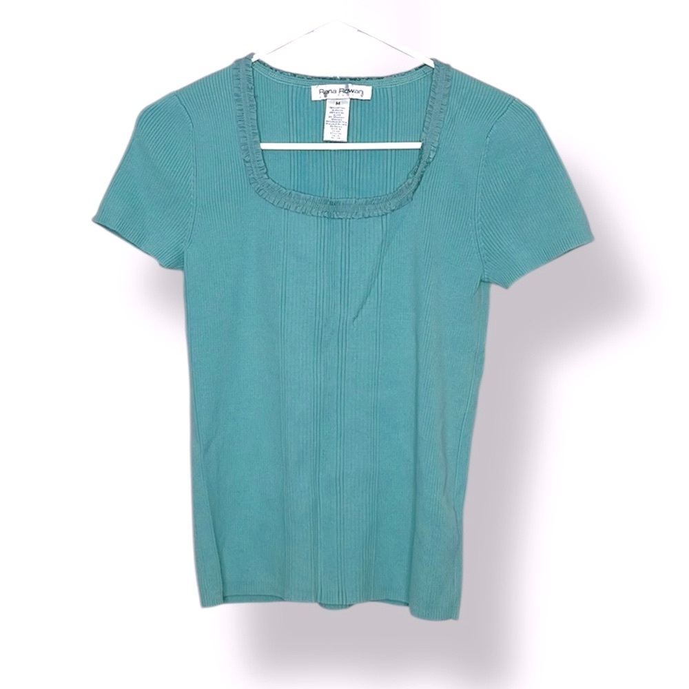 Rena Rowan Y2K Milkmaid Square Ruffle Neck Ribbed Tee Sage Green Women's M
